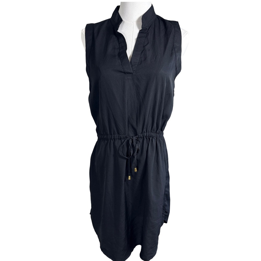 Indulge In Style Black Sleeveless Drawstring Waist Split Neck Dress Large